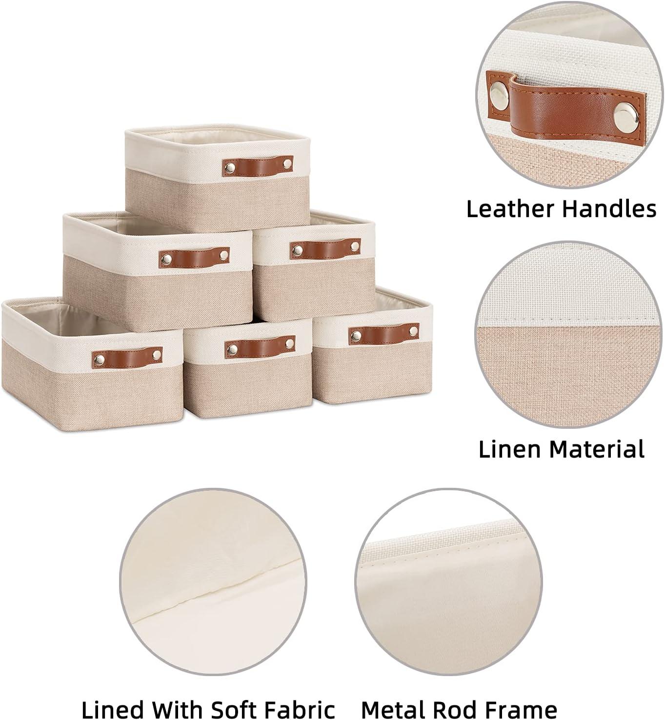 White Rectangular Fabric Storage Bins with Leather Handles, Set of 6