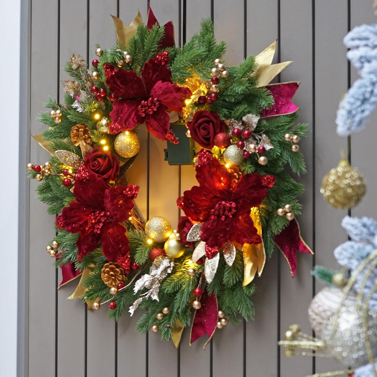 Wreaths for Front Door,Winter Wreaths for Indoor and Outdoor Decorations,Door Wreath with Red Flowers and Golden Ball,Pine Cones,Leaves,Ribbons,Berries for Decor