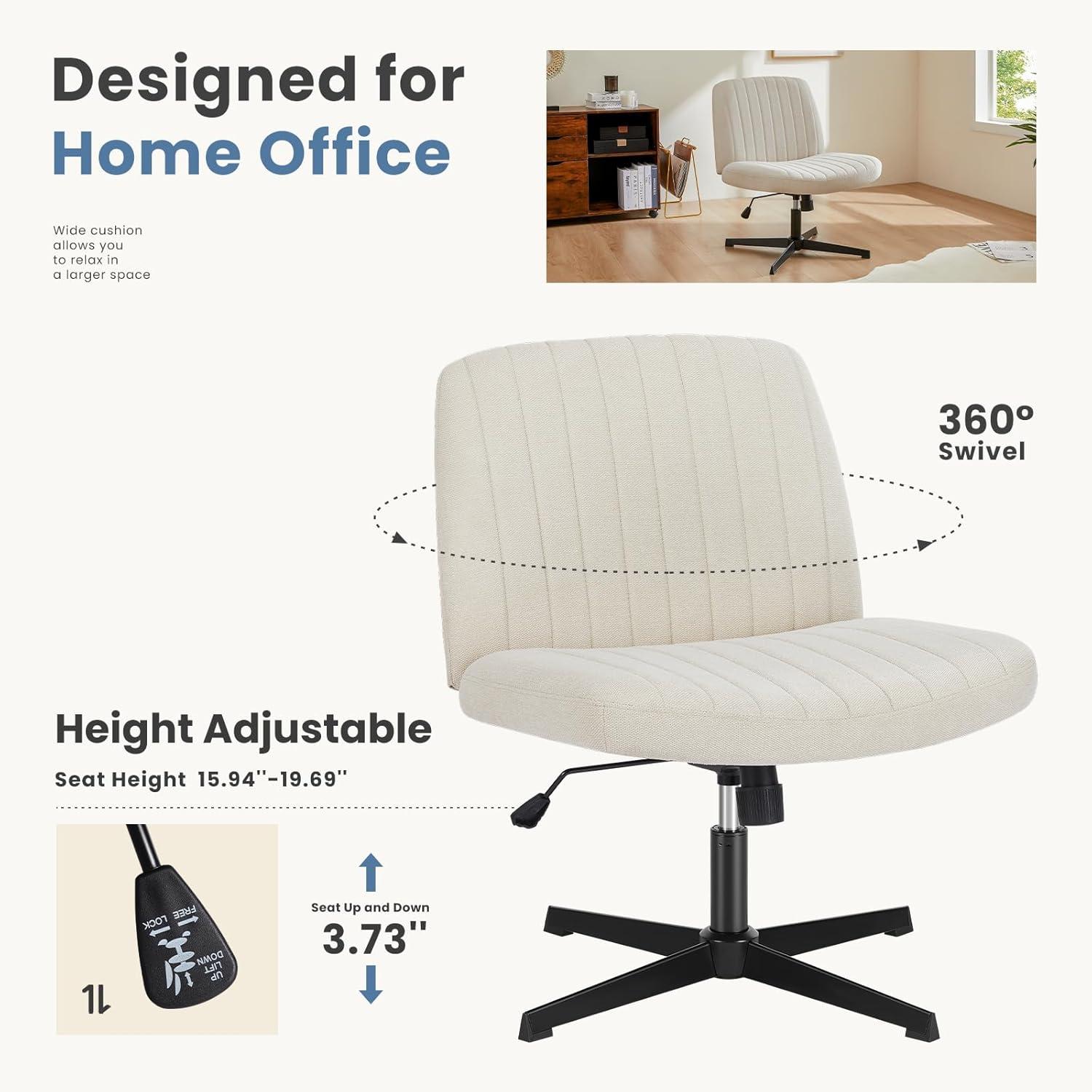 Criss Cross Chair with Wheels, Cross Legged Office Chair, Wide Comfort Desk Chair, Armless Computer Task Chair, Swivel Fabric Vanity Home Chair, Height Adjustable