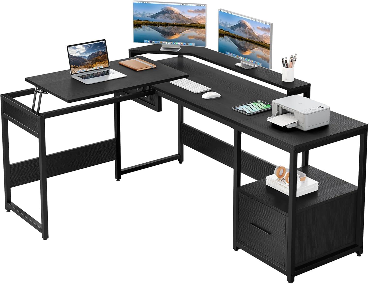 L Shaped Computer Desk with File Drawer, 65" L Shaped Desk with Monitor Stand, Height Adjustable Standing Desk , Black