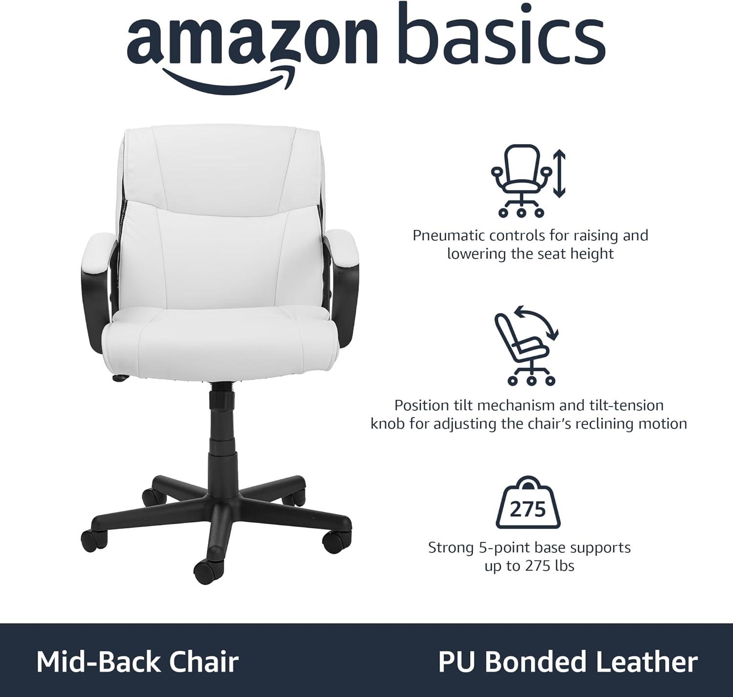 White Faux Leather Mid-Back Office Desk Chair with Padded Armrests