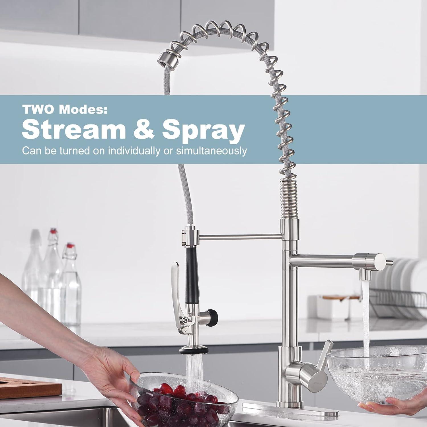 WOWOW Brushed Nickel Spring Kitchen Faucet with Pre-Rinse Pull Down Sprayer