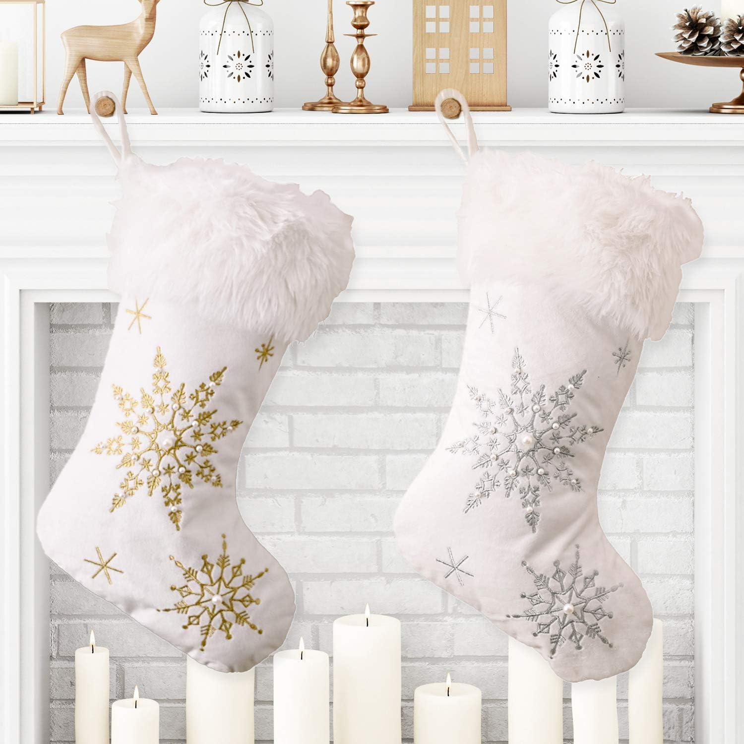 White Christmas Stockings 1 Pack, Family Stockings Christmas 19.7” Large Christmas Stockings with Plush Faux Fur Cuff (Silver/Gold Snowflake Embroidery) Giant Xmas Stockings Hanging Stockings