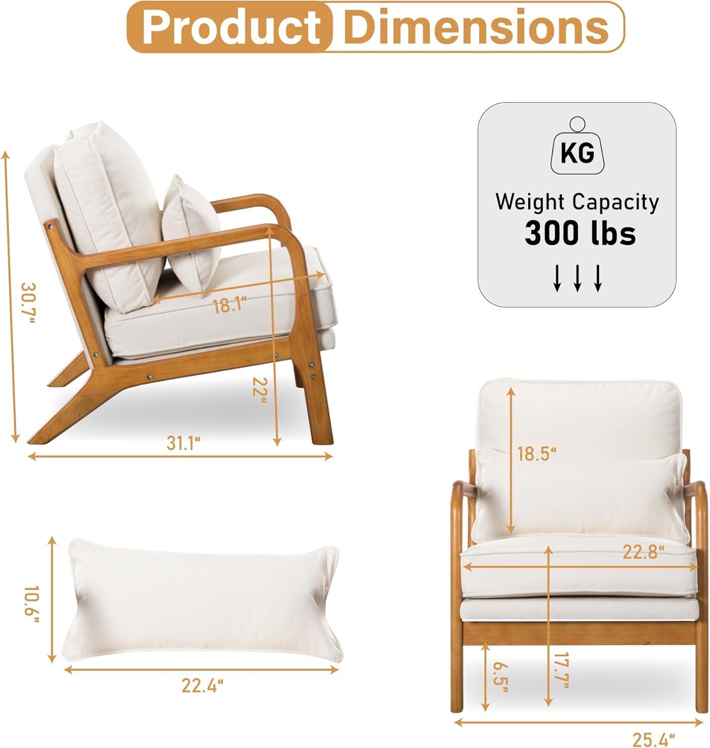 Beige Linen Armchair with Wood Frame and Pillow