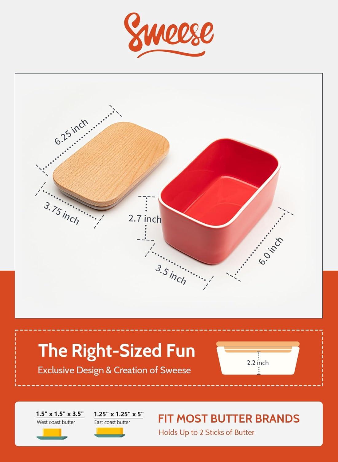 [new and improved] sweese 3151 large butter dish - airtight butter keeper holds up to 2 sticks of butter - porcelain container with beech