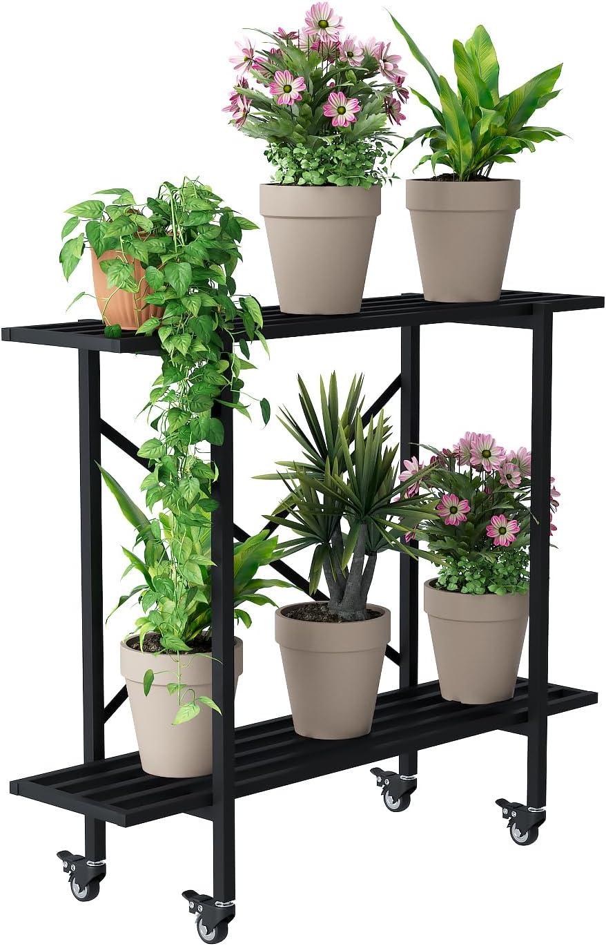 2 Tier Metal Sturdy Heavy Plant Stand, Narrow Plant Stand Indoor and Outdoor, L35.43 x W10.3 x H27.5 inch, 440 LBS Capacity & Heavy Duty Construction