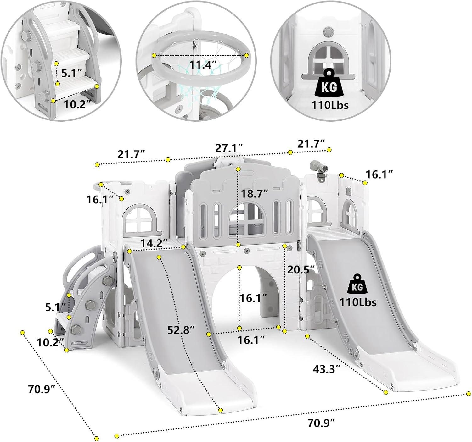 10 in 1 Toddler Slide, Age 1-3 with Swing, Basketball Hoop and Telescope, Kid Slide for Toddlers, Indoor Outdoor Playset Toddler Playground