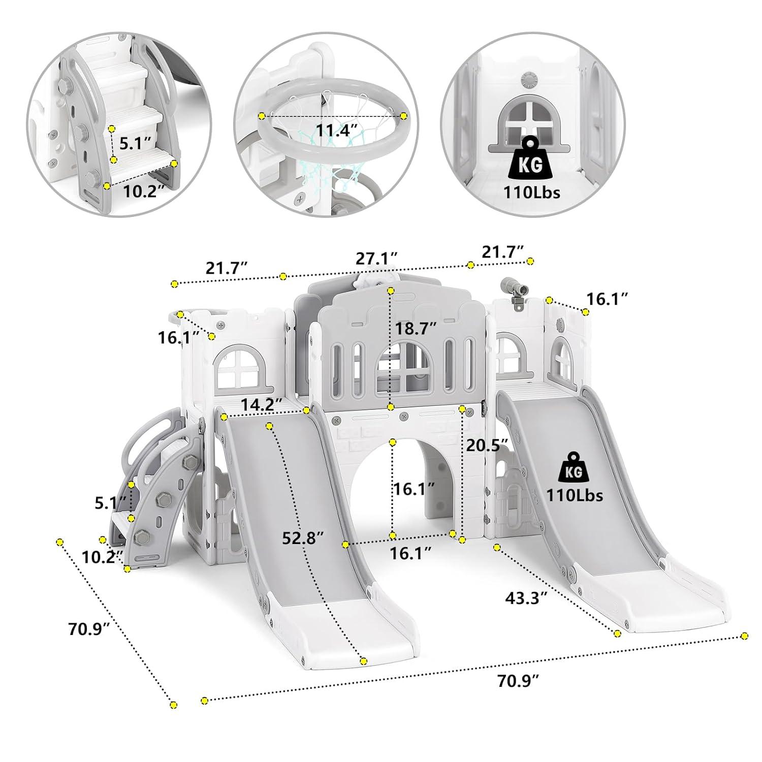 10 in 1 Toddler Slide, Age 1-3 with Swing, Basketball Hoop and Telescope, Kid Slide for Toddlers, Indoor Outdoor Playset Toddler Playground