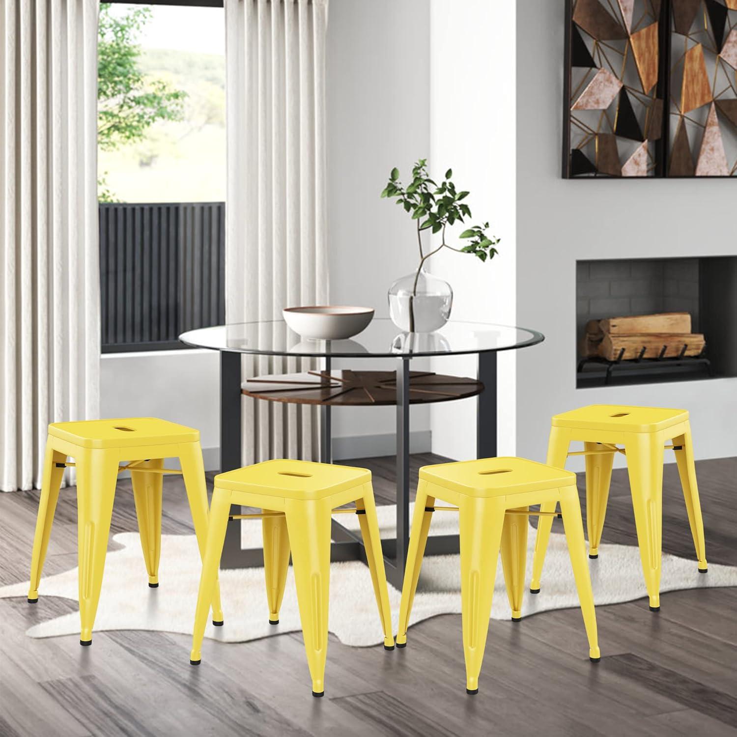 WENTMENT 18 Inch Stools Set of 4 Metal Stools Vintage Stackable Backless Stools for Classroom Home Kitchen Kids Stools Yellow