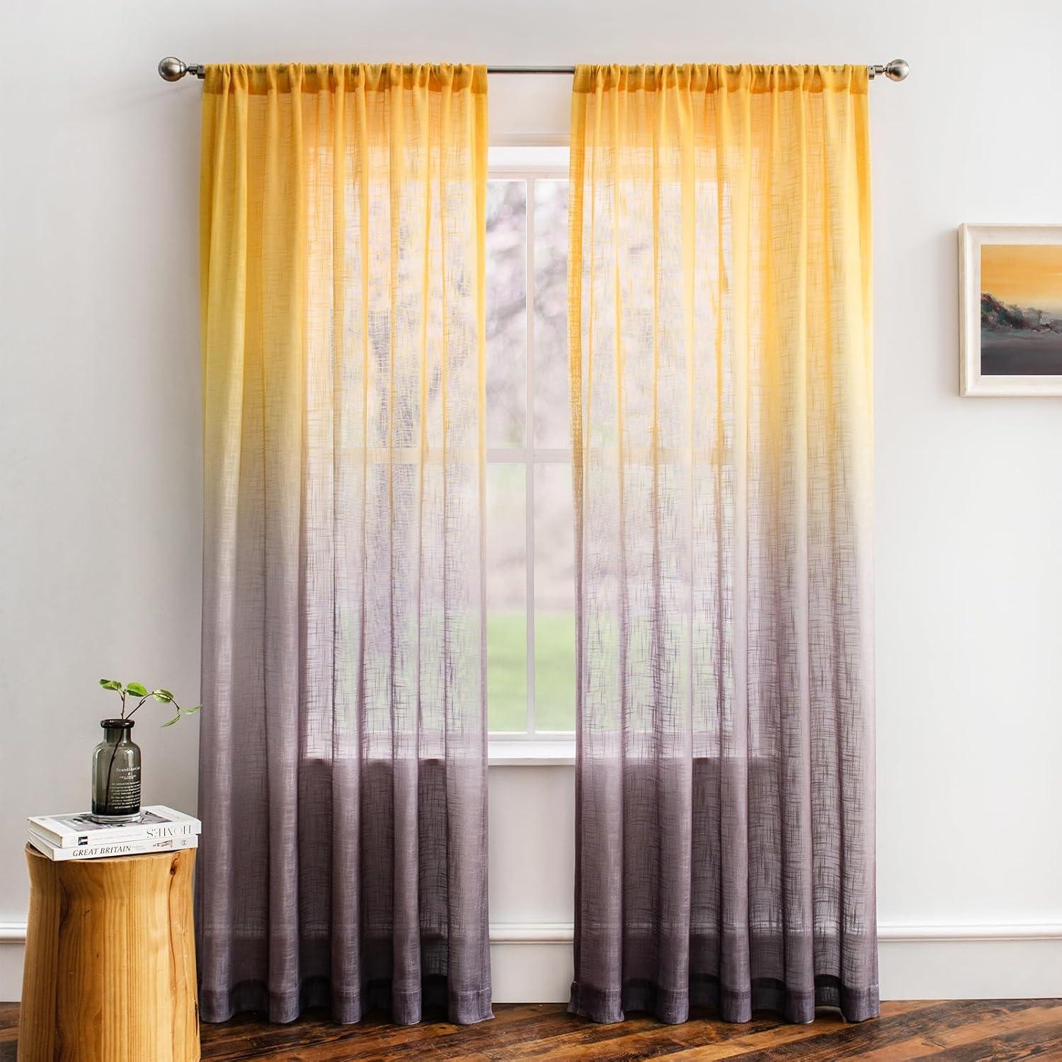Melodieux Yellow Grey Linen Textured Ombre Semi Sheer Curtains 63 Inches Length for Bedroom Living Room Kids Nursery Golden Sunshine Rod Pocket Gradient Drapes, 52 x 63 Inch (2 Panels)