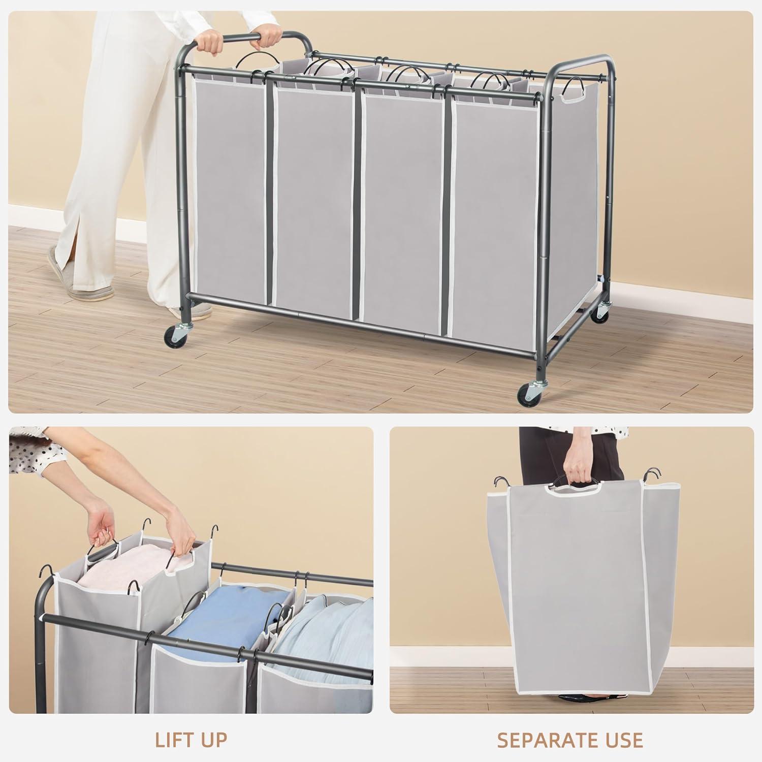 Gray 4-Bag Laundry Sorter with Wheels and Metal Frame