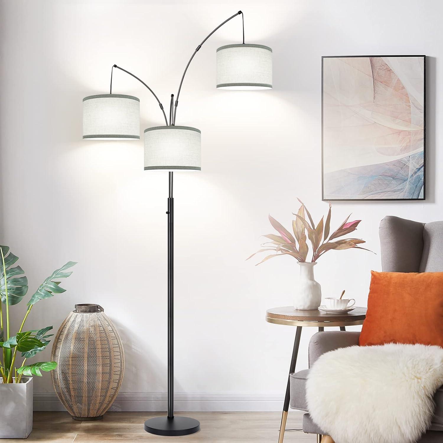 Matte Black Multi-Head Arc Floor Lamp with Gray Linen Shades