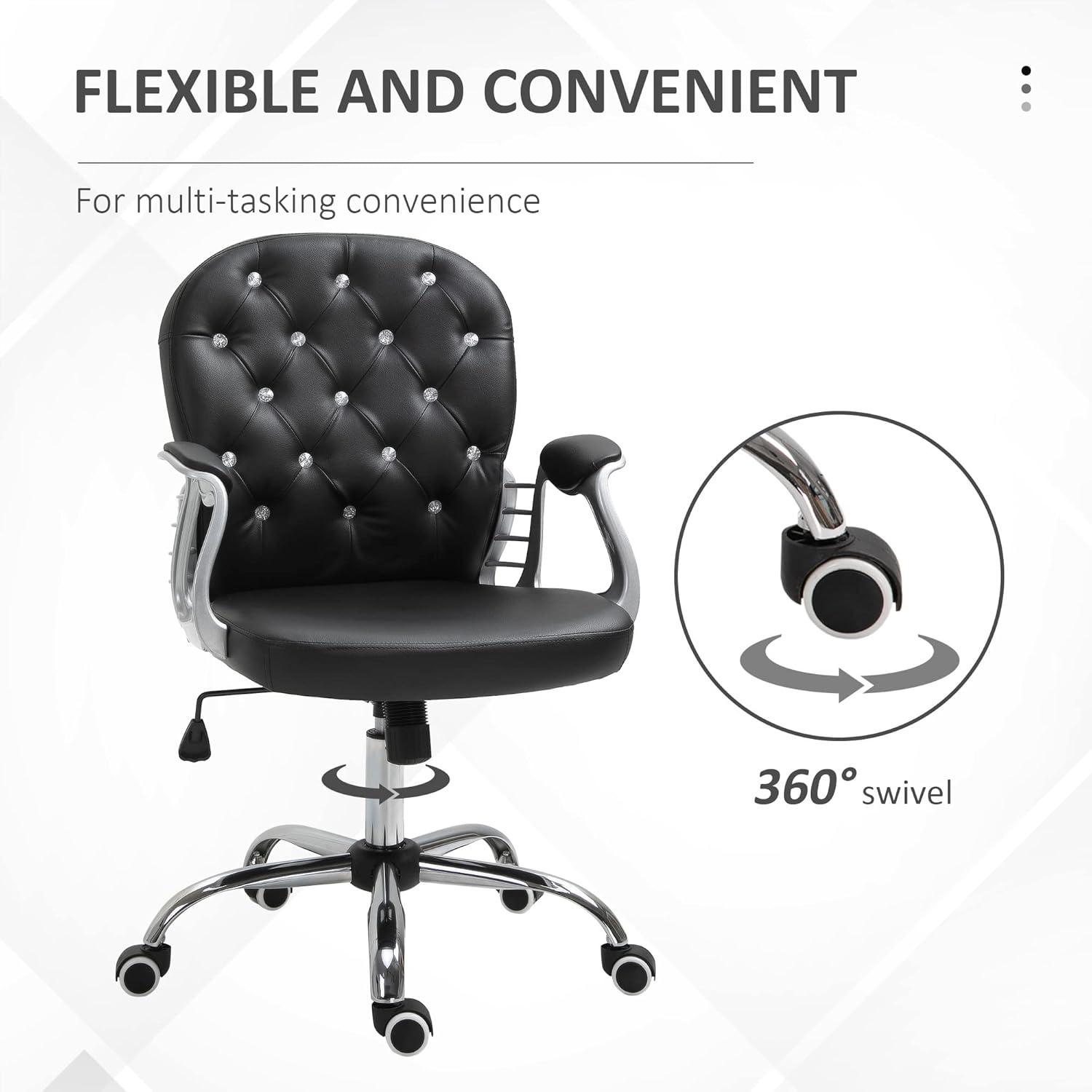 Vinsetto Vanity PU Leather Mid Back Office Chair Swivel Tufted Backrest Task Chair with Padded Armrests, Adjustable Height, Rolling Wheels, Beige