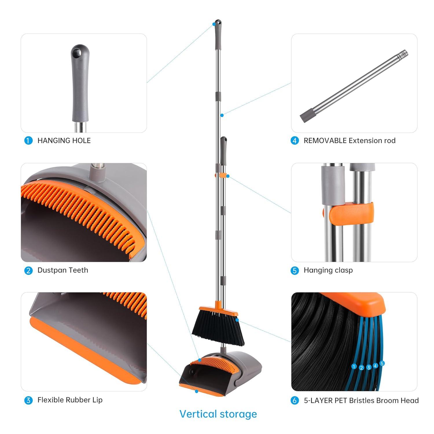Heavy-Duty Broom and Dustpan Set for Outdoor Broom and Dust pan for Home Commercial Cleaning Supplies Angle Broom with Long Handle Perfect for Courtyard Garage Lobby Mall Market Street, B6