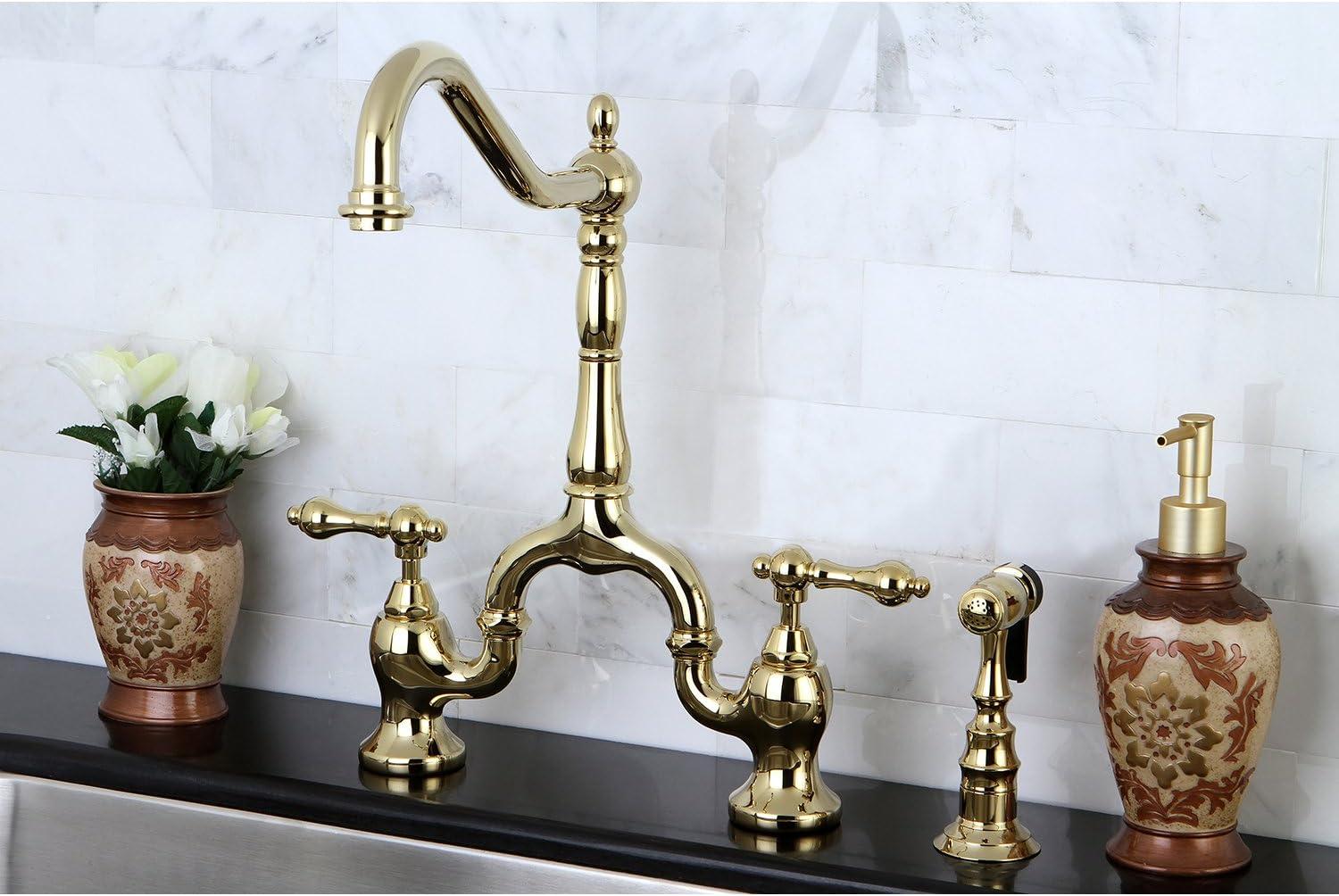 Kingston Brass English Country Two-Handle 3-Hole Deck Mount Bridge Kitchen Faucet with Brass Side Sprayer