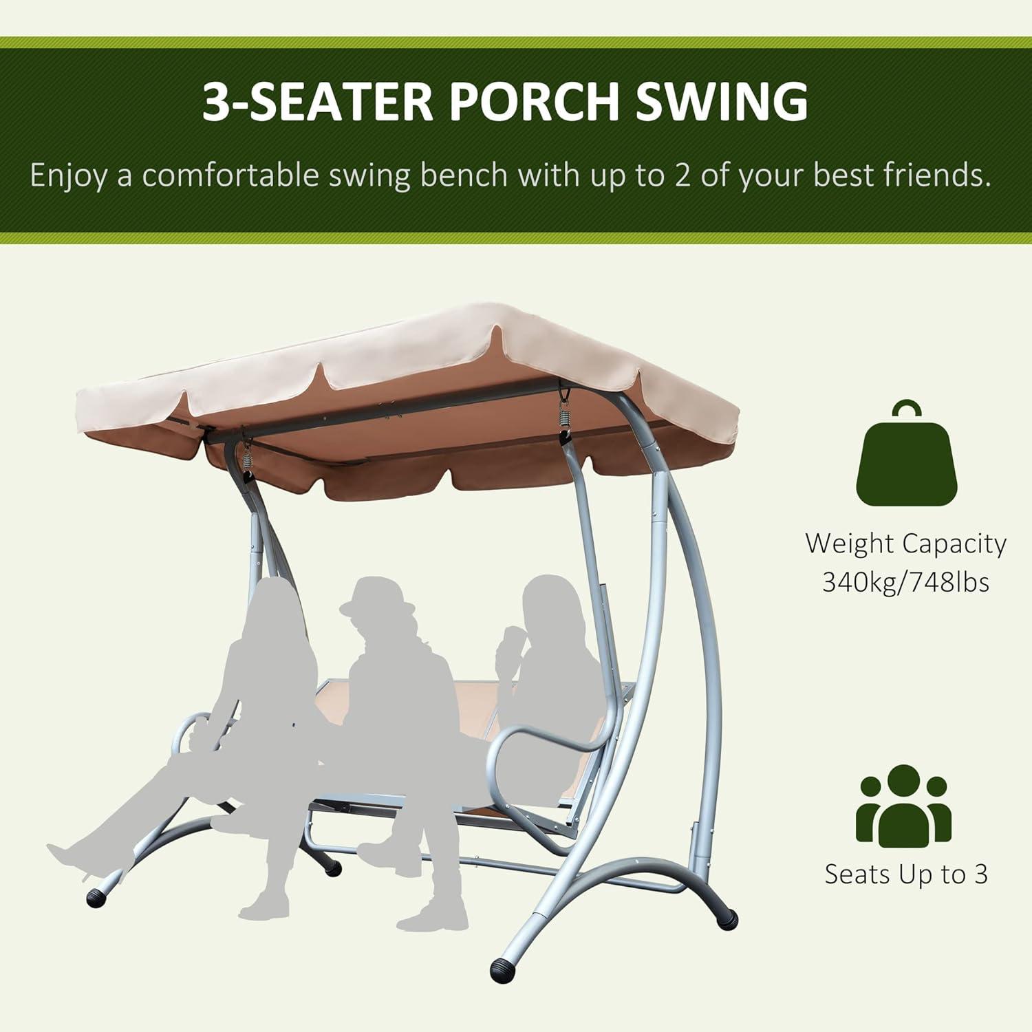 Outsunny 3 Person Patio Swing Seats, Porch Swing with Stand & Adjustable Canopy, Heavy Duty Outdoor Swing Chair Bench for Adults, Beige