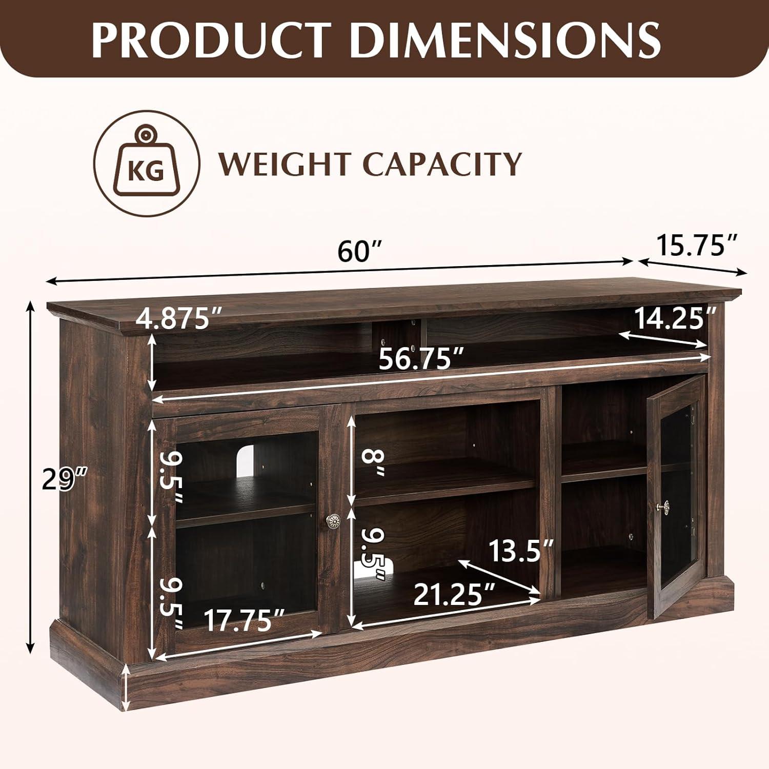 LETESA Traditional Classic Media TV Stand for TV up to 65”, Retro Wooden TV Console with Open and Closed Storage Cabinets for Bedroom, Living Room, Corridor (Brown)
