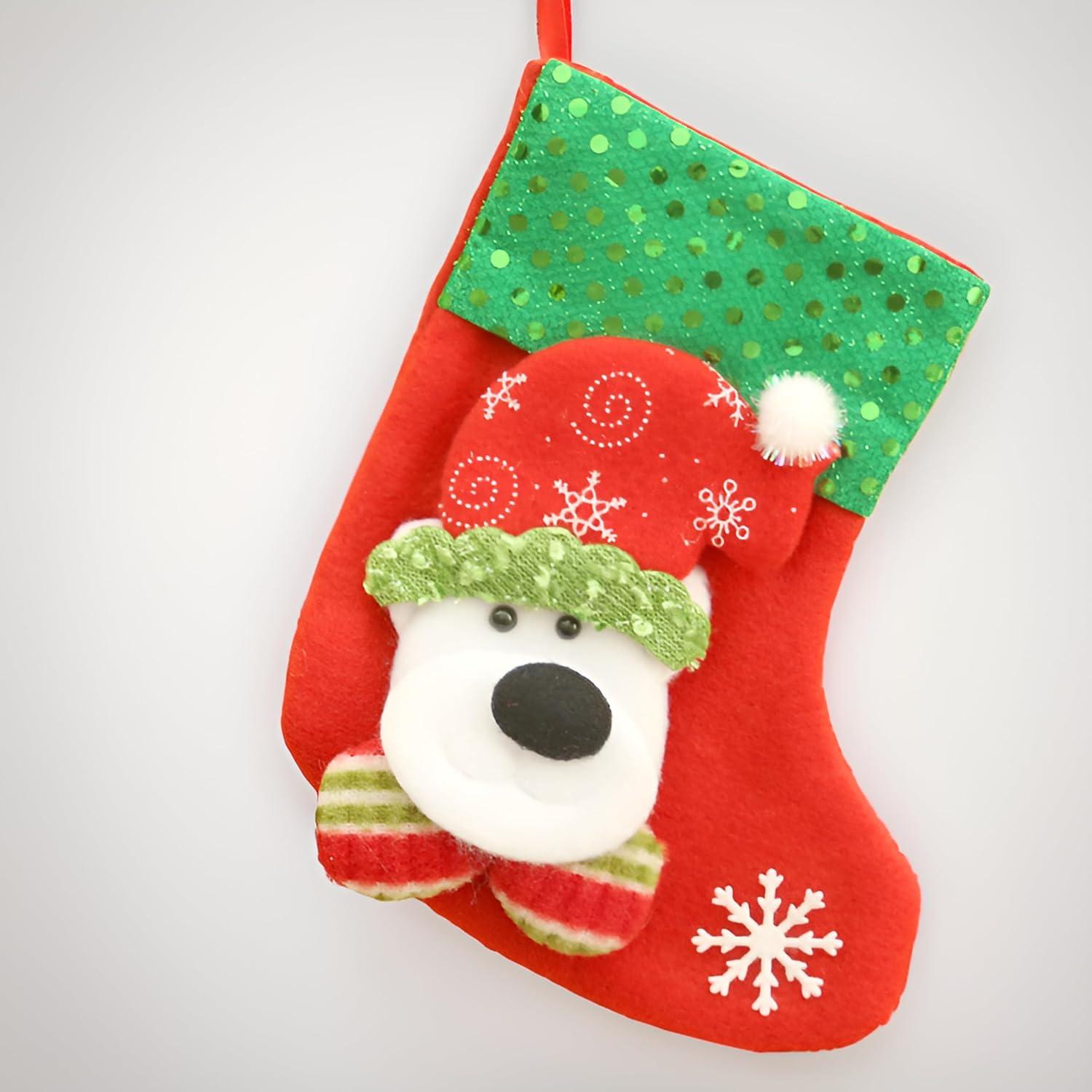 Christmas Stockings (Set of 4) - Includes Snowman, Polar Bear, Santa Claus, and Reindeer, Red & Green, with Snowflake Accents, Soft Cotton Material, Perfect for Any Occasion! Dark Green & Red