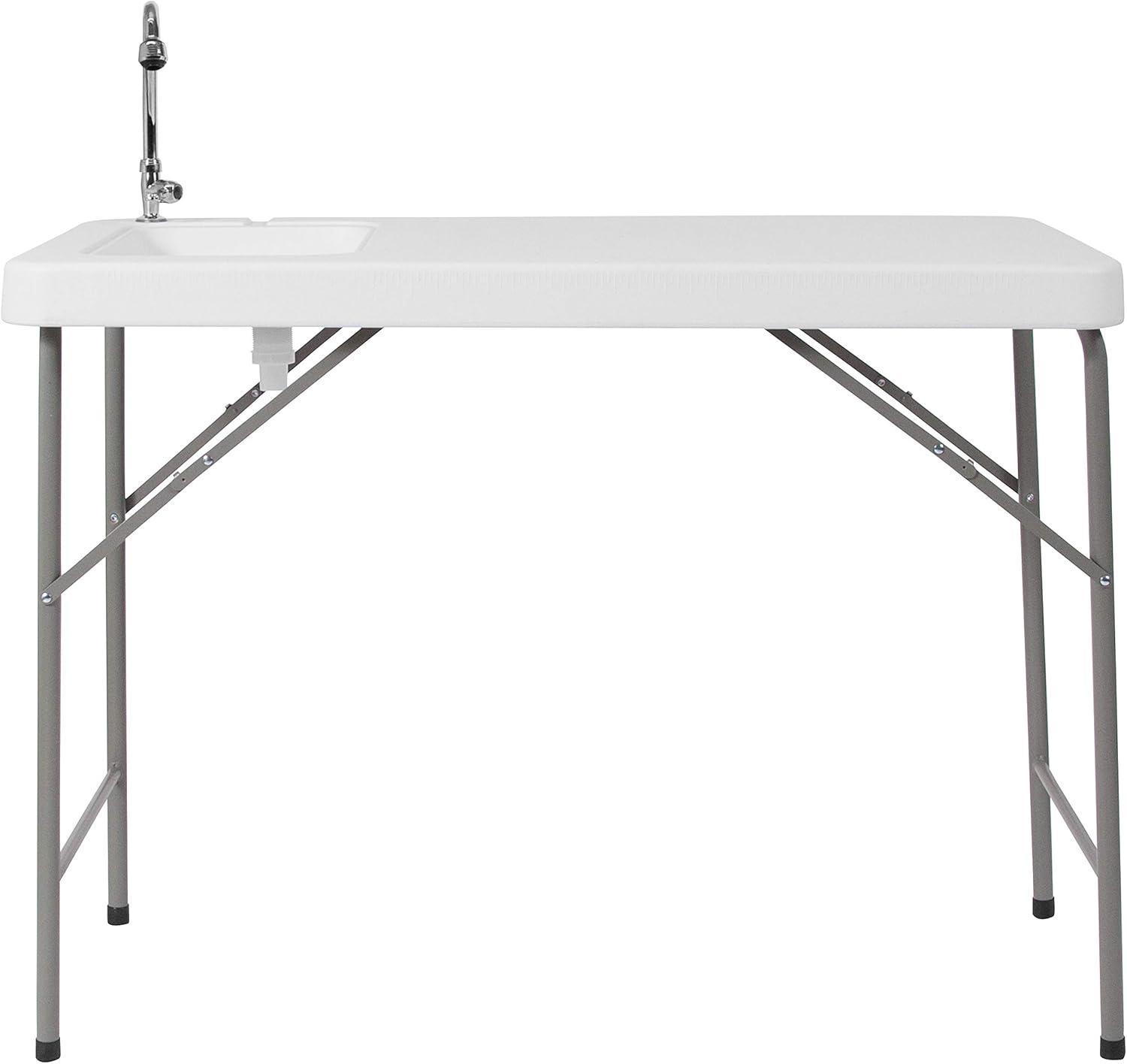 Flash Furniture Wesley 4' Portable Fish Cleaning Table/Folding Camping Table with Sink, White