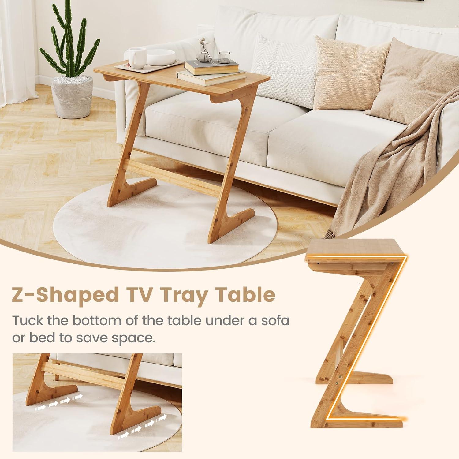 Costway 2 PCS Bamboo Sofa Side Table Z-Shaped Spacious Tabletop Space-Saving TV Snack Tray Natural