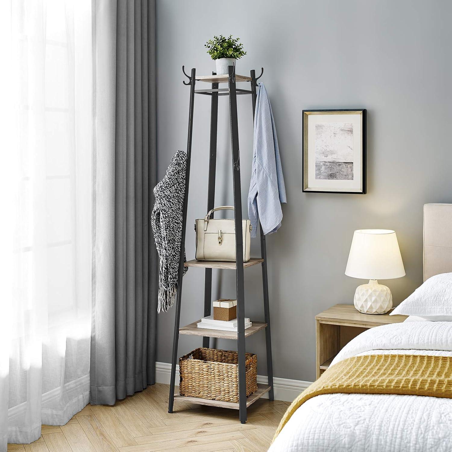 VASAGLE ALINRU Coat Rack with 3 Shelves Stand with Hooks for Scarves Bags and Umbrellas