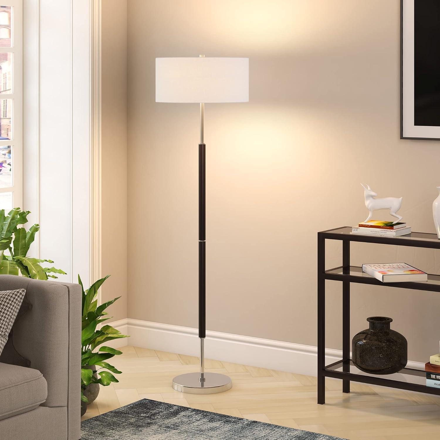 Henn&Hart 17" Matte White/Polished Nickel Metal/Fabric Floor Lamp