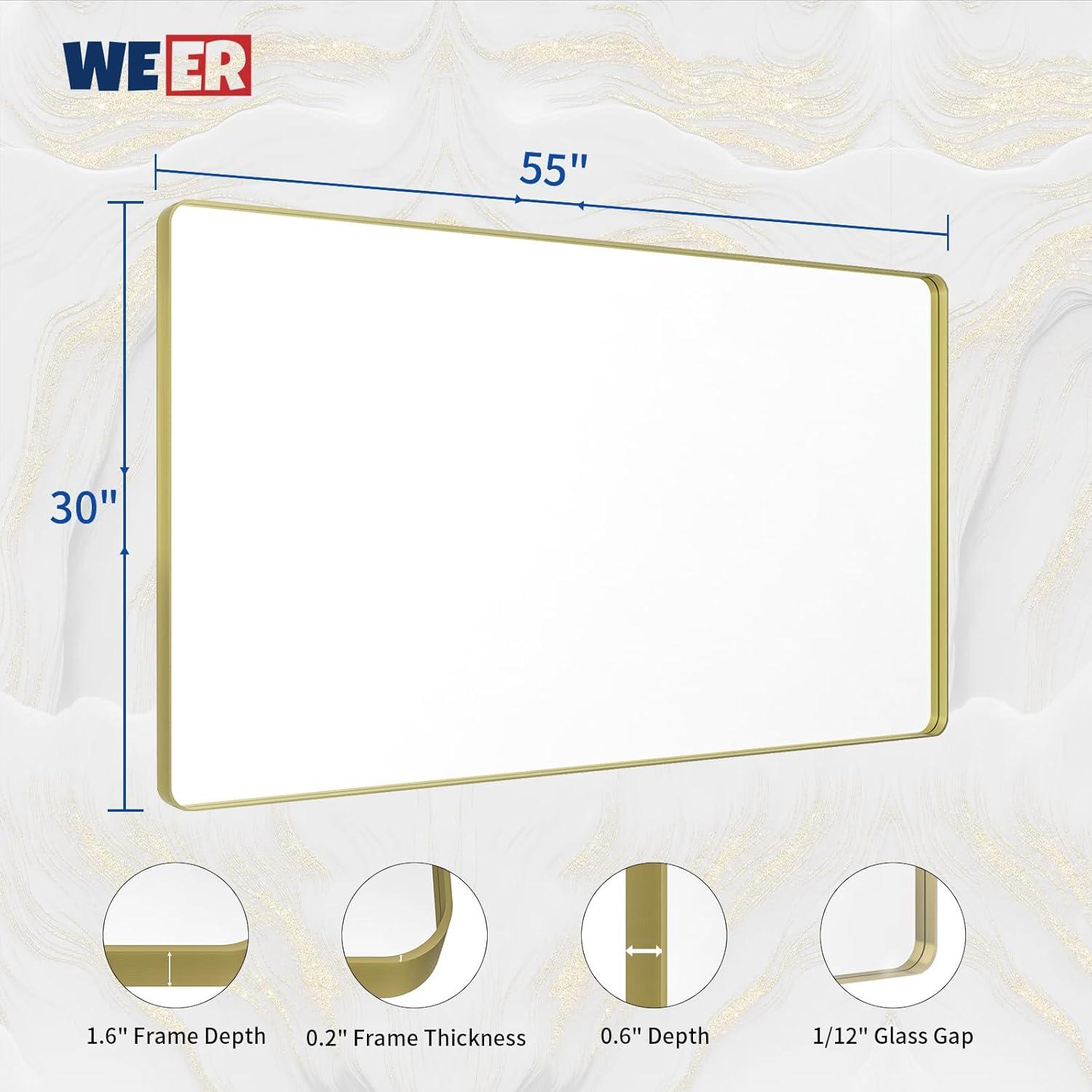 WEER Gold Bathroom Mirror, 55X30 Inch Brushed Gold Metal Frame Mirror, Rounded Rectangle Gold Bathroom Vanity Mirror for Wall, Tempered Glass, Anti-Rust, Hangs Horizontally or Vertically