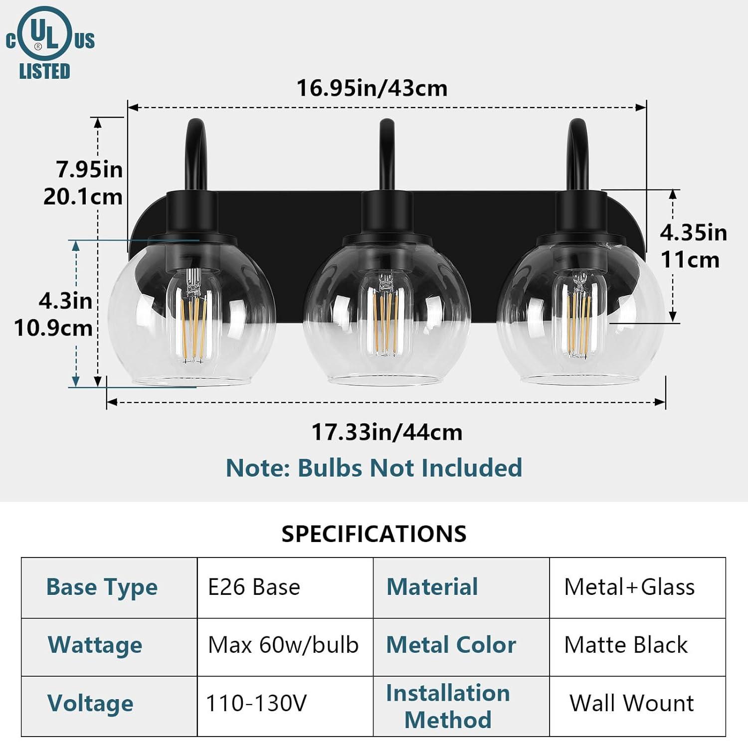 Modern 2-Light Vanity Light, Bathroom Lighting Fixture Over Mirror With Clear Glass Shade and Metal Base, Matte Black Wall Mounted for Bathroom