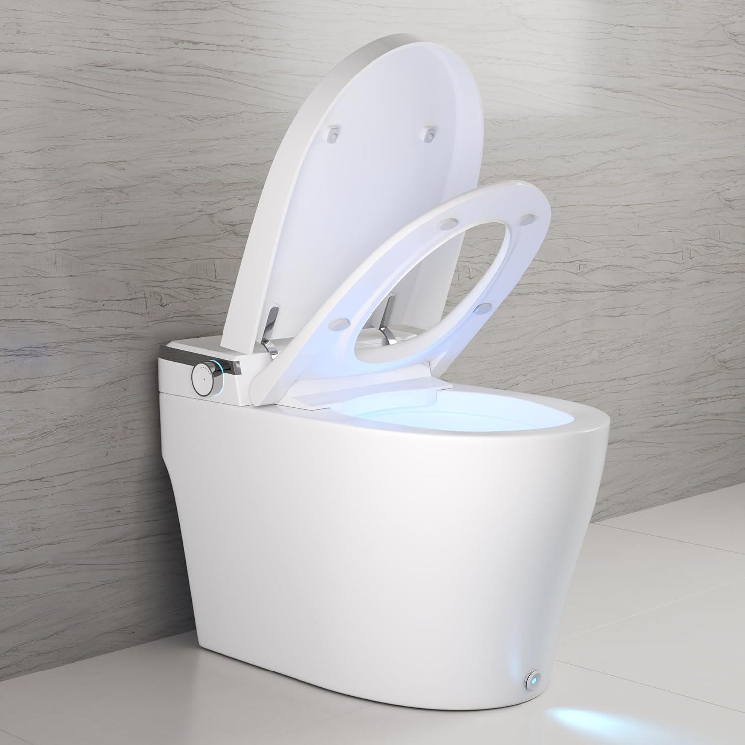 Smart Toilet Elongated 1 Piece 1.28GPFFully Glazed Toilet with Heated Seat & Foot Kick Flush & Night Light