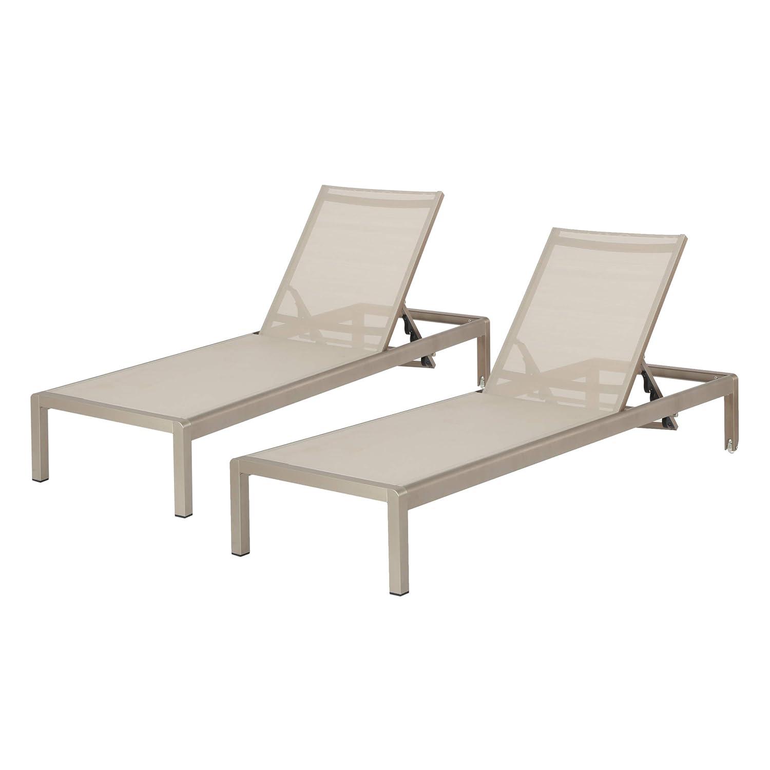 GDF Studio Crested Bay Outdoor Mesh and Aluminum Armless Adjustable Chaise Lounges, Gray and Silver, Set of 2
