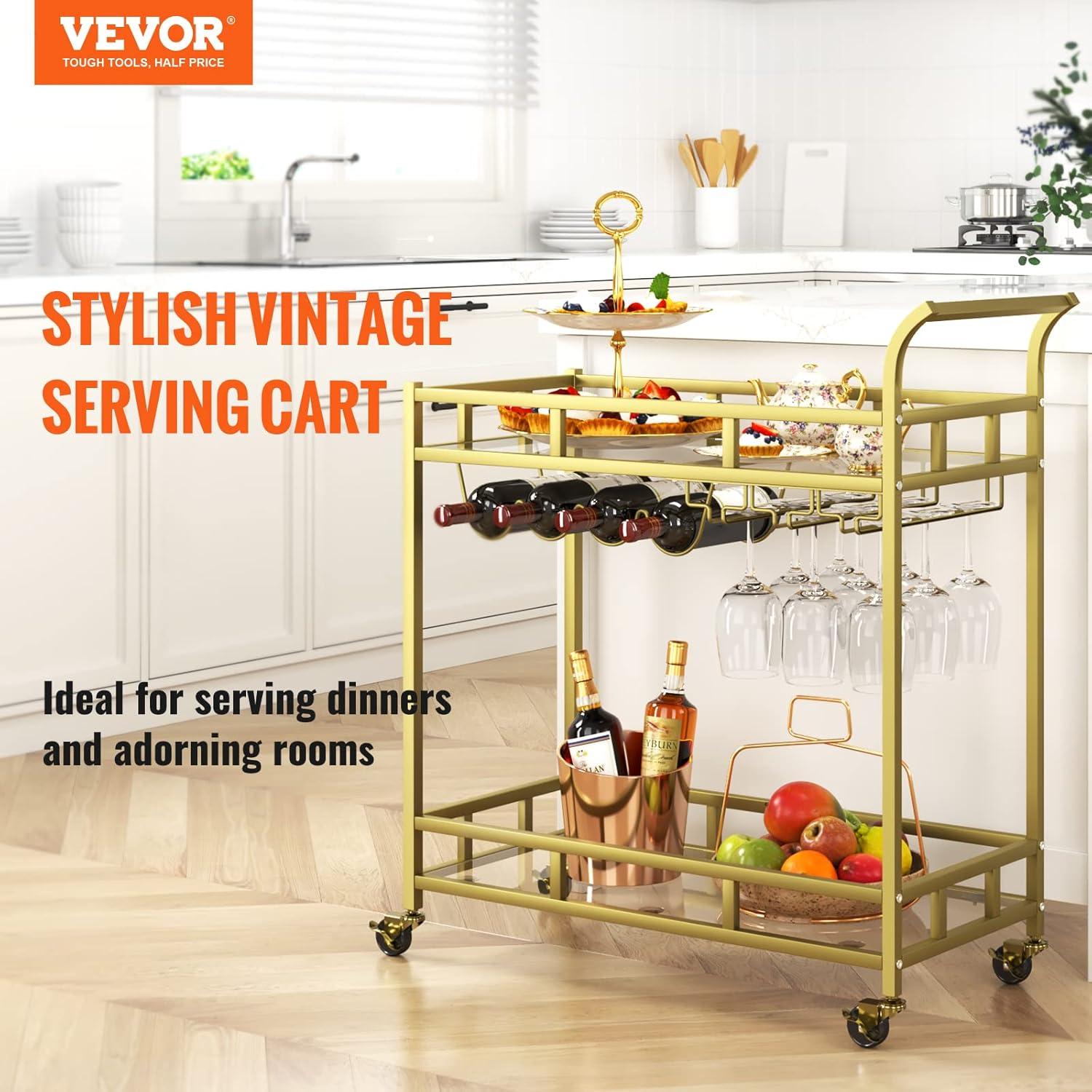 Gold Two-Tier Bar Cart with Wine Rack and Glass Shelves