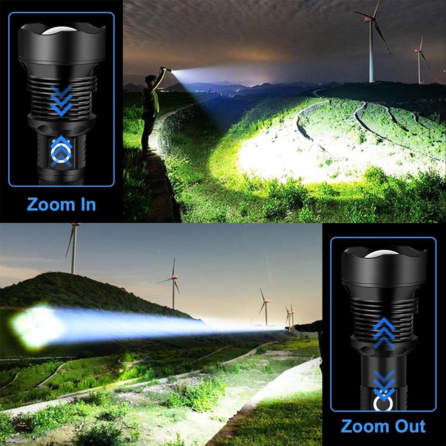 Rechargeable LED Flashlight, High Lumens XHP90.2 Super Bright Tactical Flashlights with Zoomable 10 Modes Waterproof Powerful Flash Light for Camping Emergencies Outdoor Indoor