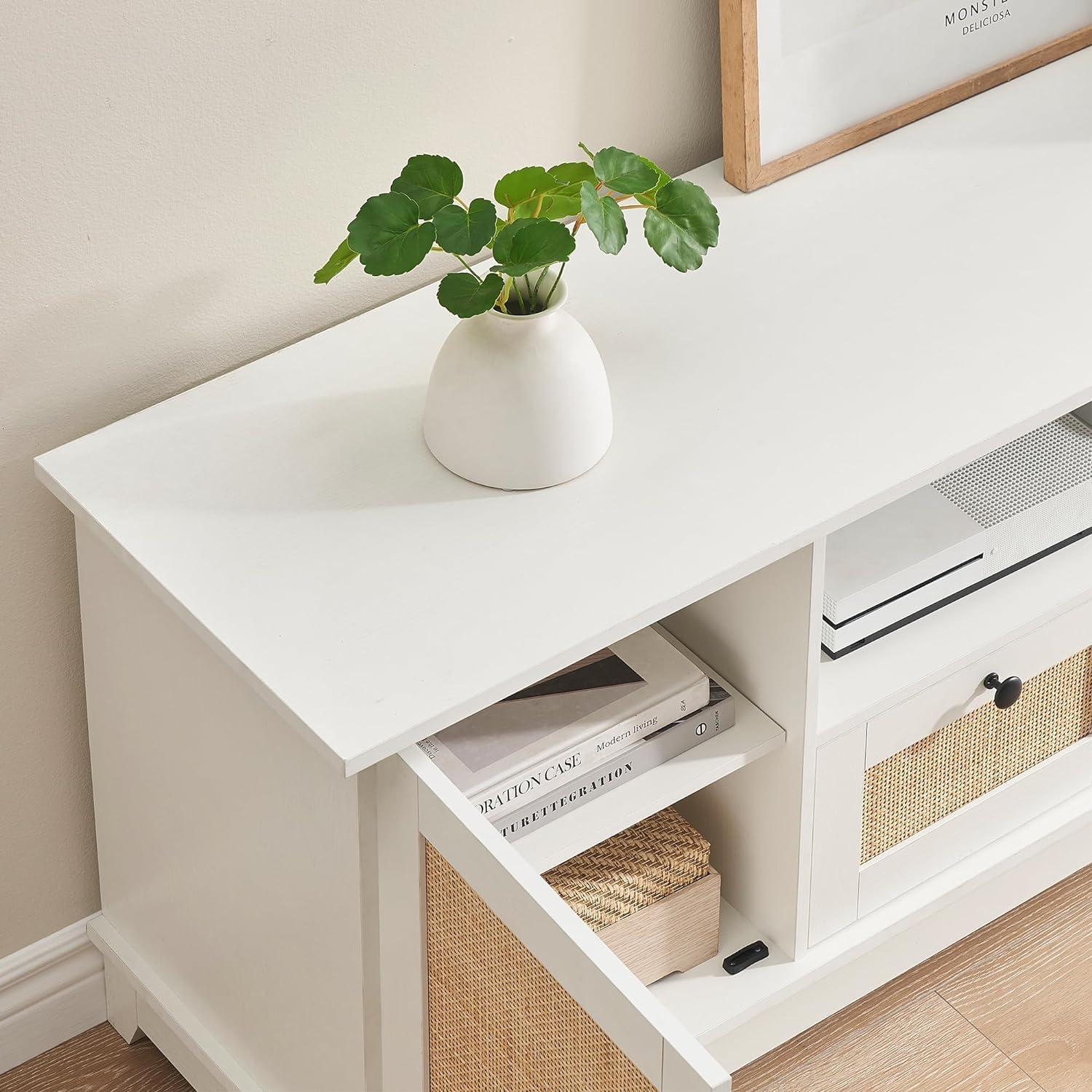 White Rattan TV Stand with Cabinets and Adjustable Shelves