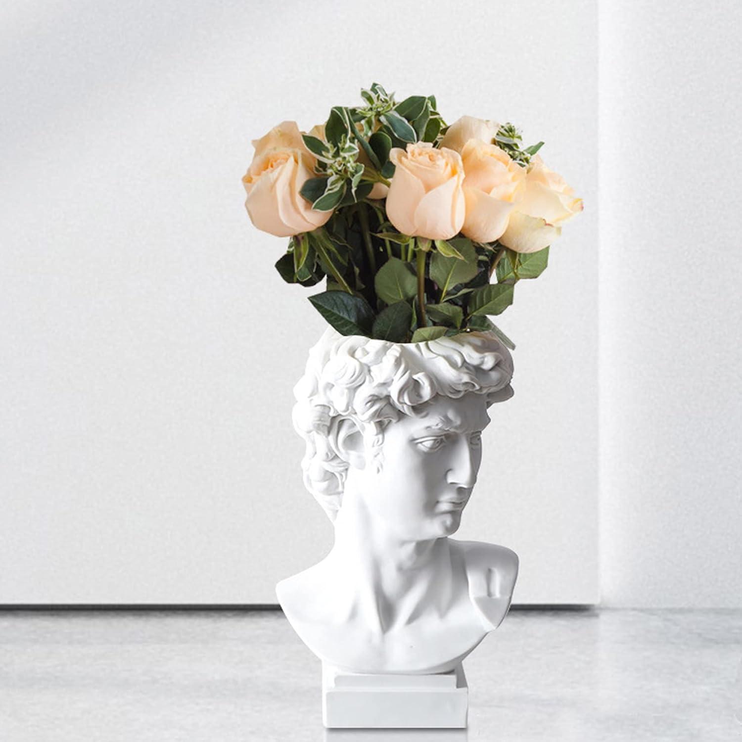Head Vase, Hosrnovo Greek Statue Decor David Heads Planter for Garden and Home, Roman Style Vintage White Flowers Bowl Creative Housewarming Gift 6.5X3.5Inches (White Medium)