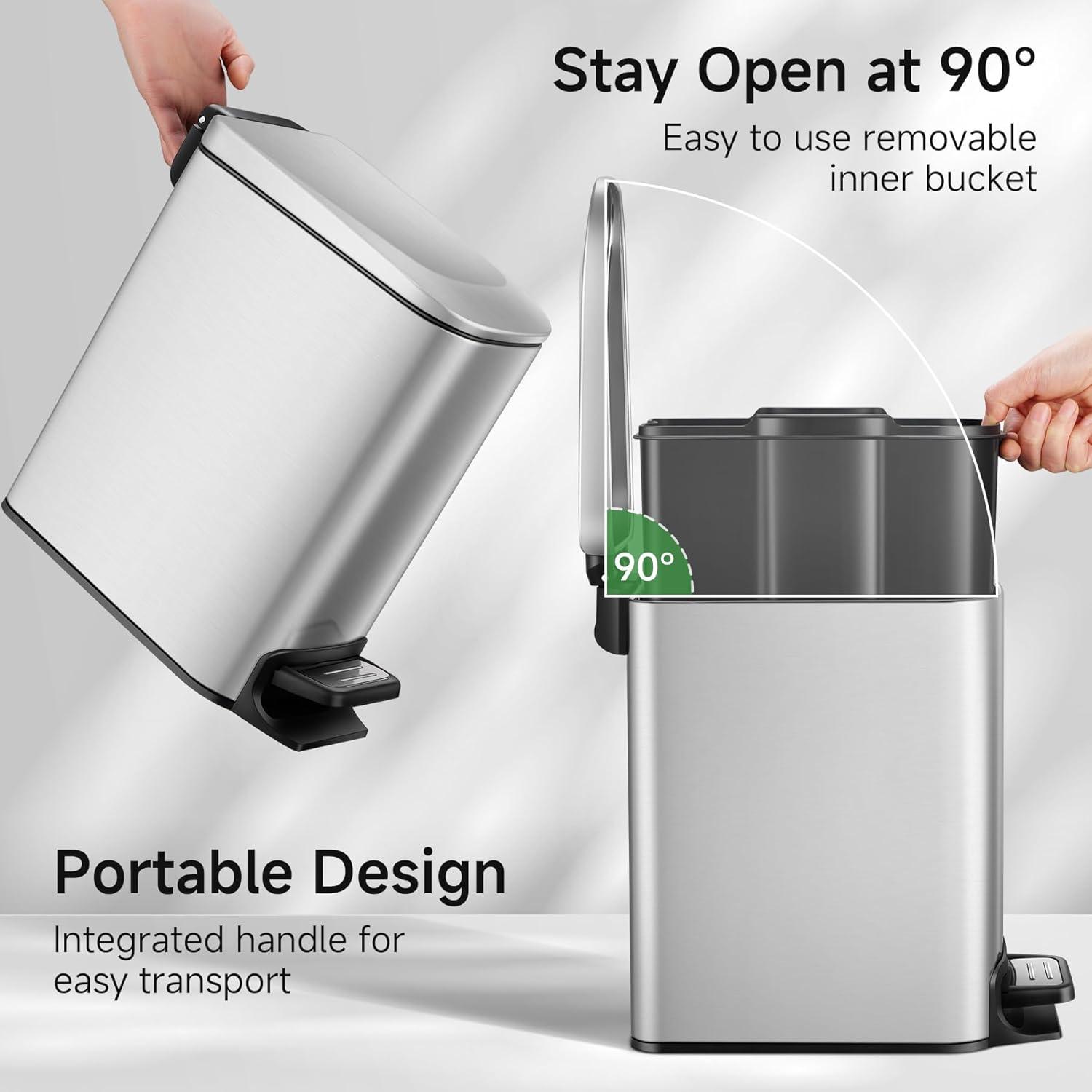 Slim Bathroom Trash Can with Lid Soft Close, 6 Liter / 1.6 Gallon Stainless Steel Garbage Can with Removable Inner Bucket, Step Pedal, Small Trash Cans for Bedroom, Office, Kitchen (Silver)