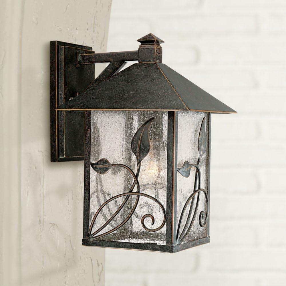 French Garden Leaf-Vine Motif Outdoor Wall Light in Bronze with Seedy Glass