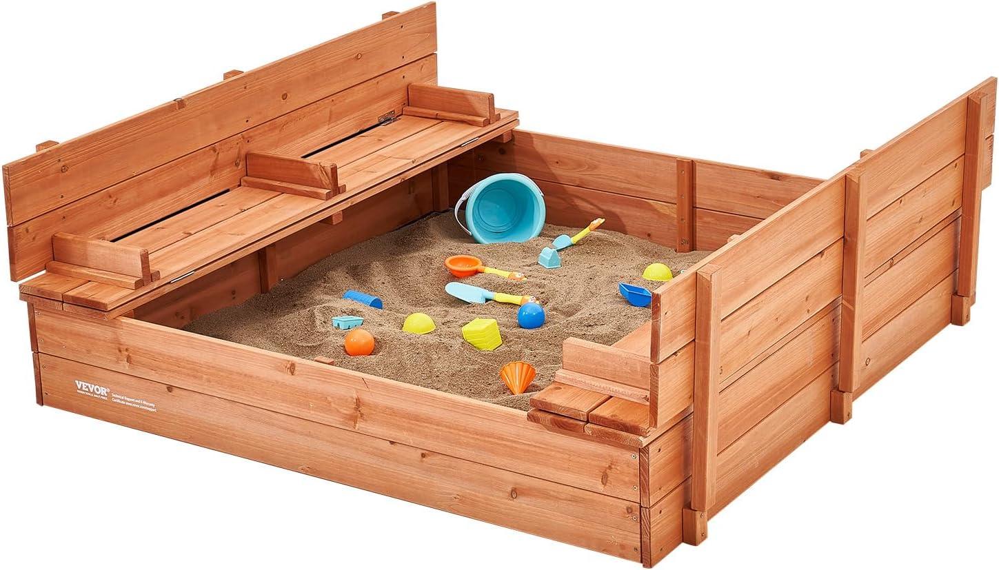 Natural Fir Wood Square Sandbox with Foldable Bench Seats