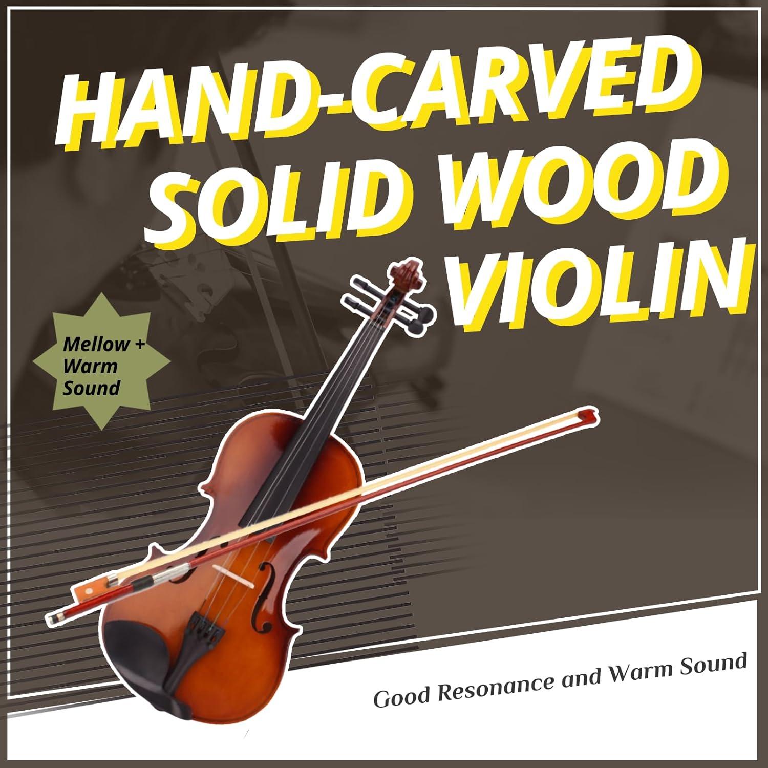 4/4 Acoustic Violin Set,Beginner Violin Vintage Solid Wood Violin Starter Kit with Carrying Case,Bow and Rosin (Natural)