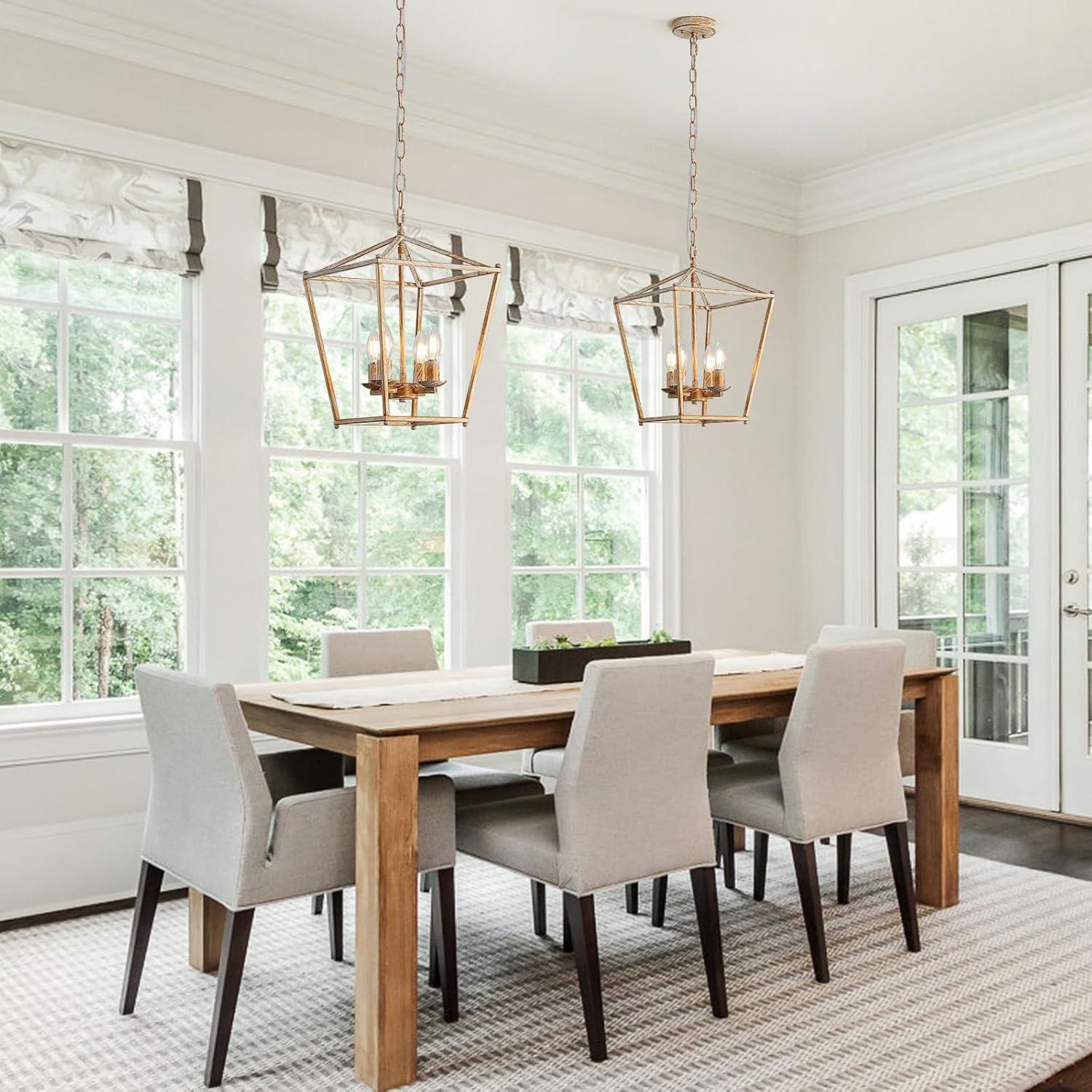 Rustic Lantern Chandeliers 4-Light Ceiling Cage Hanging Lights Gold Pendant Light Fixtures for Kitchen Island Dining Room Farmhouse Entryway Foyer