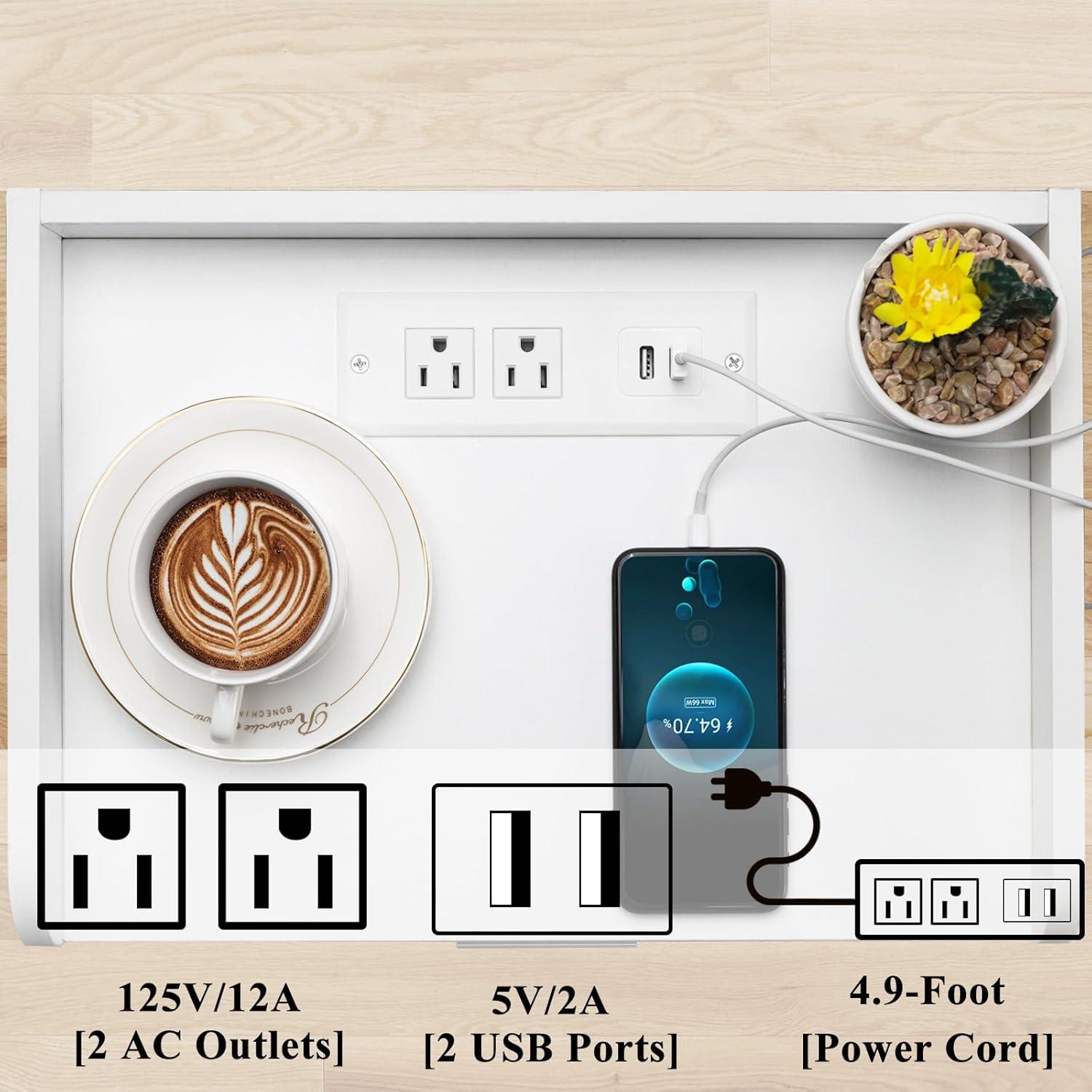 YAHARBO White Nightstand Set of 2 with Charging Station, Small Bedside Table with USB Ports and Power Outlets, Modern End Side Tables with Drawer, Night Stand for Bedroom, Office, Small Space