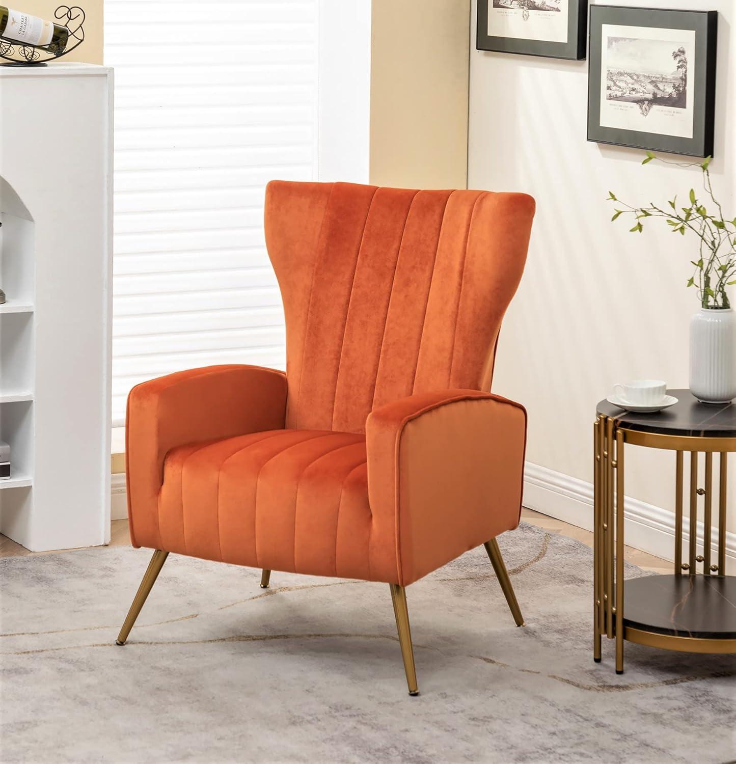 Orange Red Velvet Barrel Armchair with Wood Frame