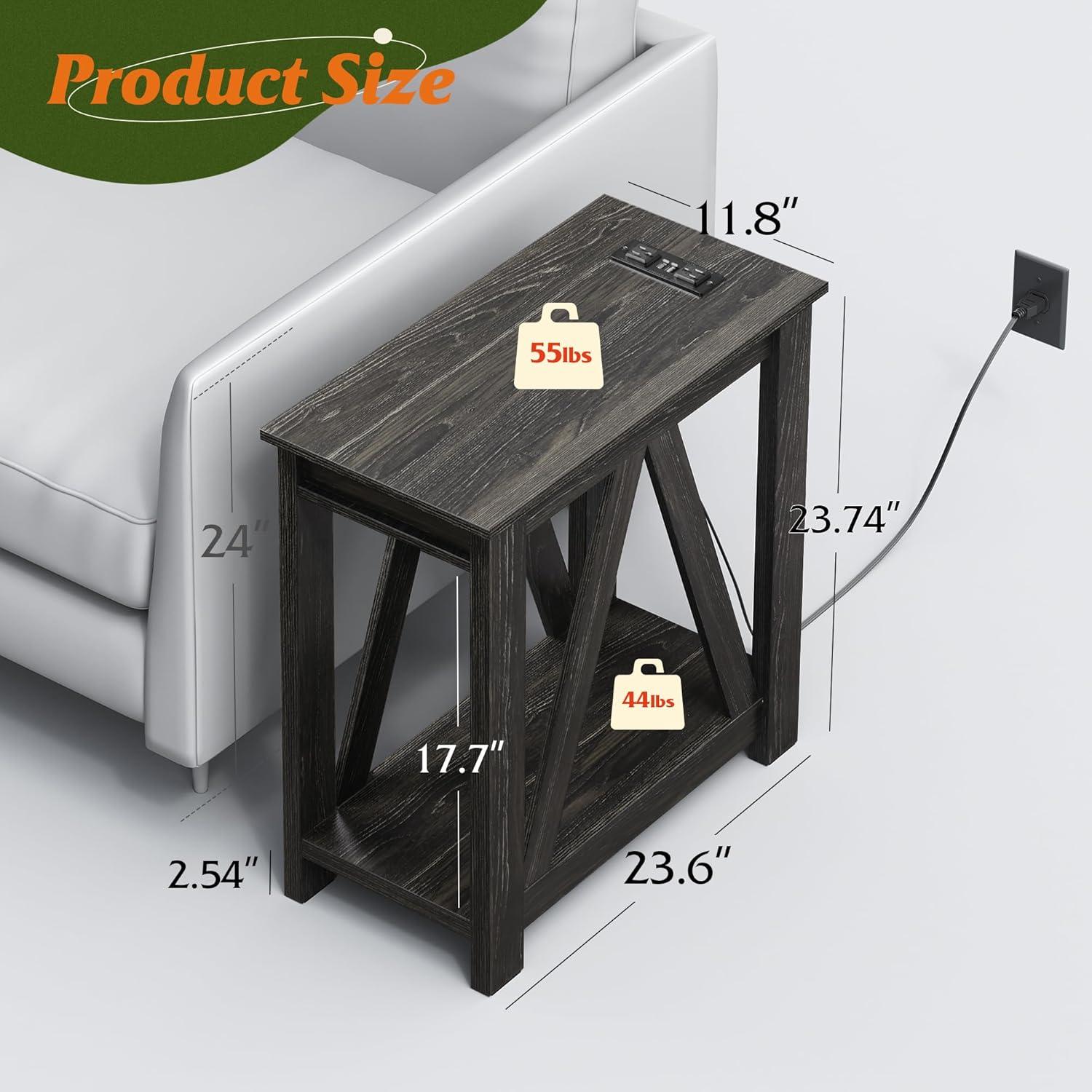Charcoal Black Wooden End Table with Charging Station and Open Shelf