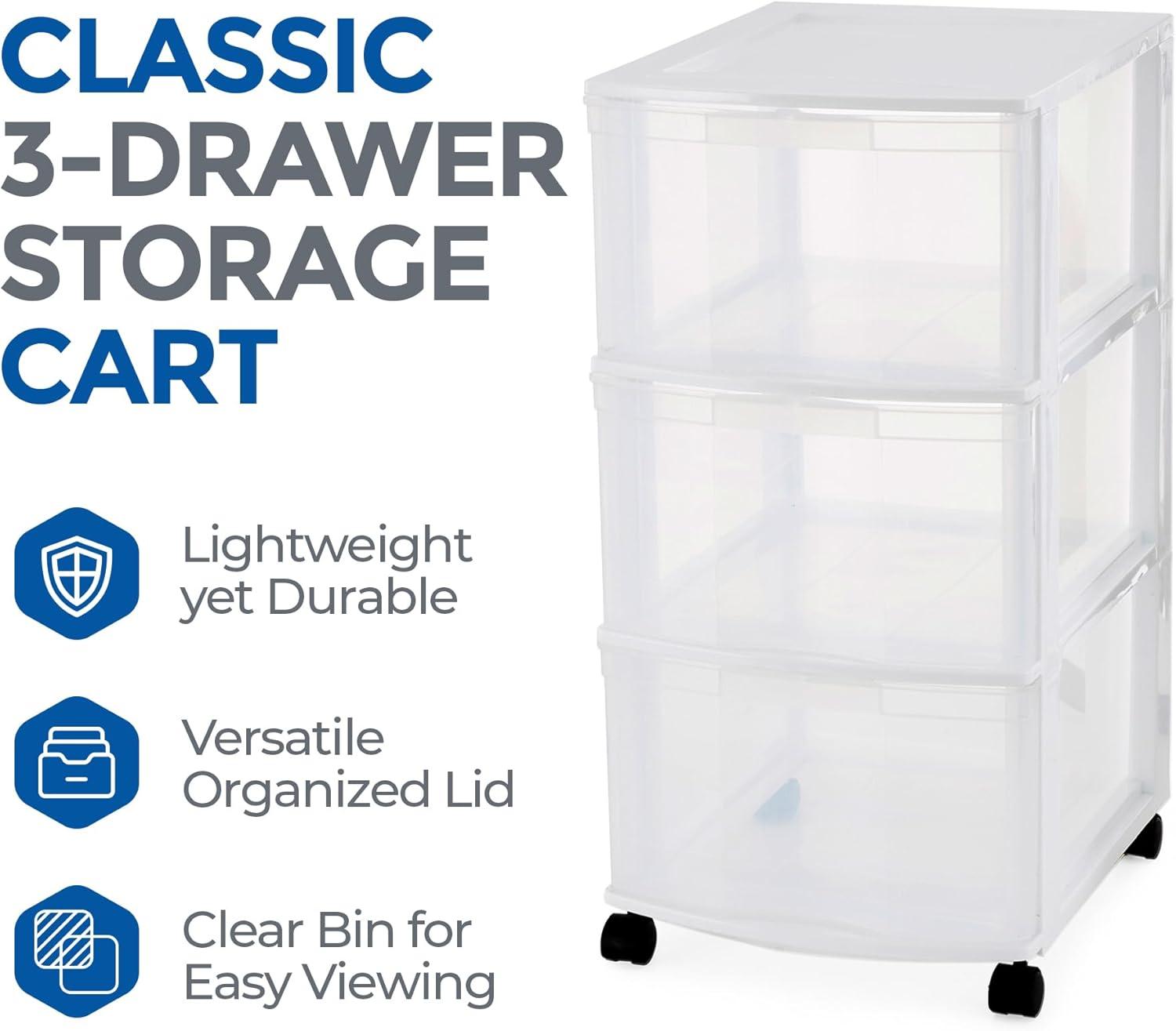 Gracious Living 3-Drawer Organizer Cart, Plastic Drawer Storage for Home or Office, White