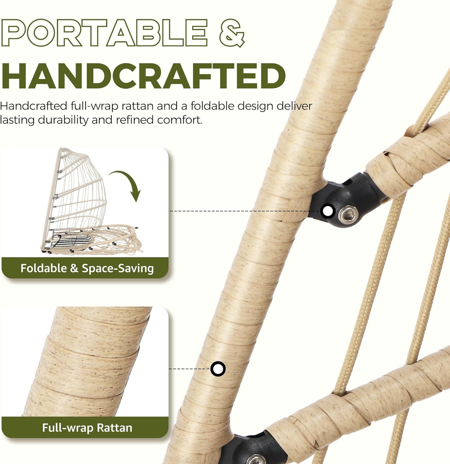 RADIATA Outdoor Foldable Hanging Egg Chair with Stand, PE Wicker Swing Chair with Cushion and Headrest, 350 lbs Capacity, Beige