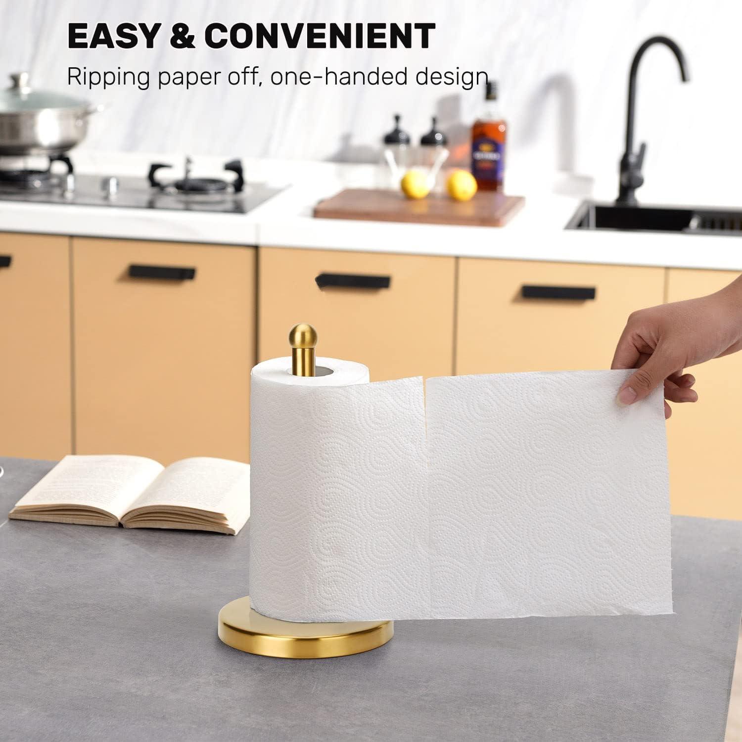 Paper Towel Holder Countertop Standing Roll Kitchen Bathroom Stand Weighted Base Suction Cups Stainless Steel Silver