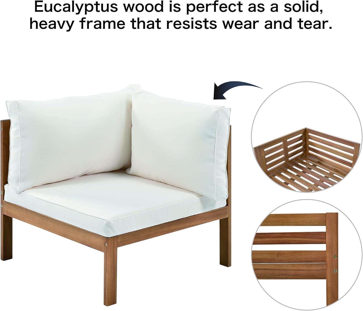 4 Piece Outdoor Patio Furniture Set, Acacia Wood Sectional Sofa w/Seat Beige Cushions, Patio Sectional Conversation Seat with Coffee Table and Strong Metal Accessories
