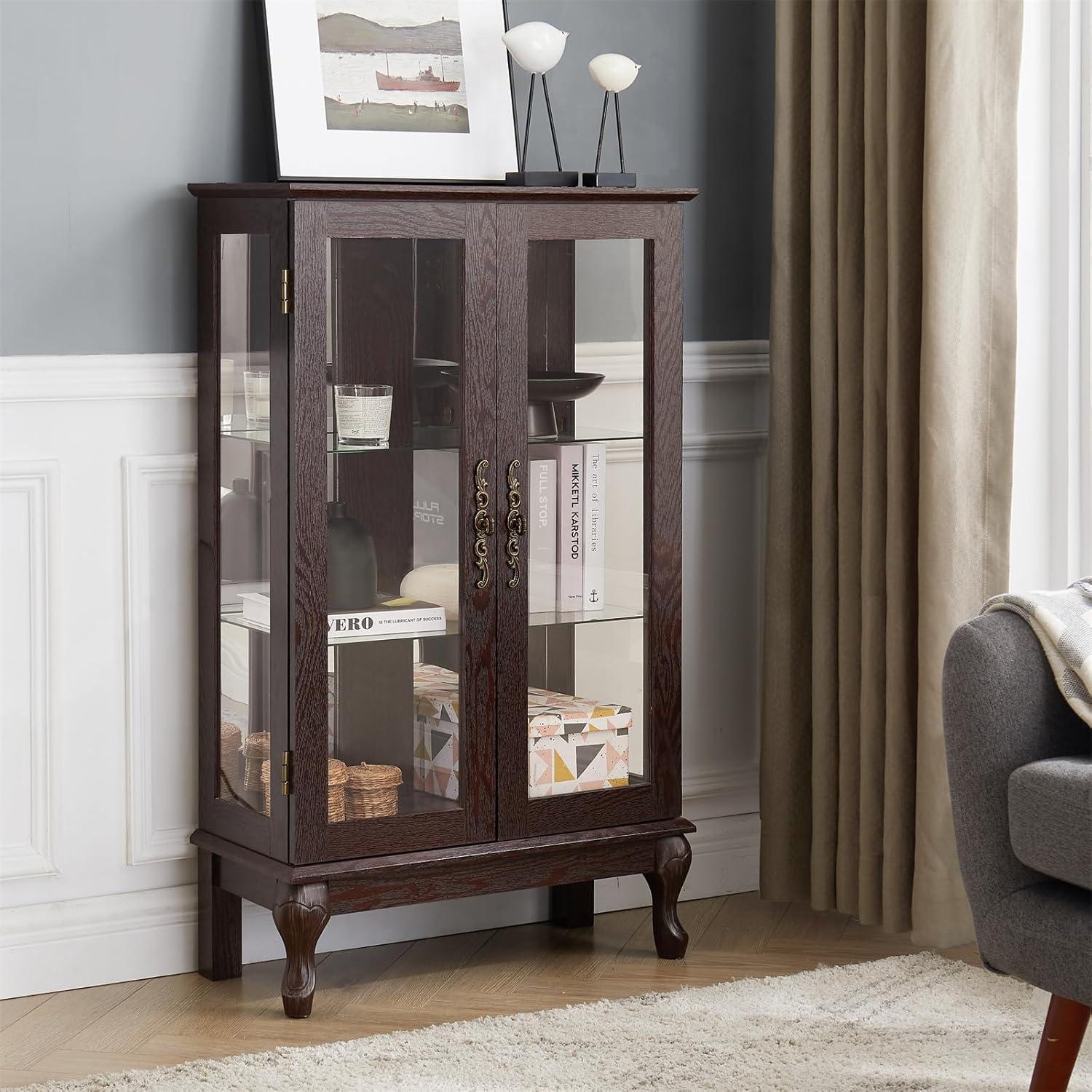 Dark Cherry Lighted Curio Cabinet with Glass Doors and Adjustable Shelves