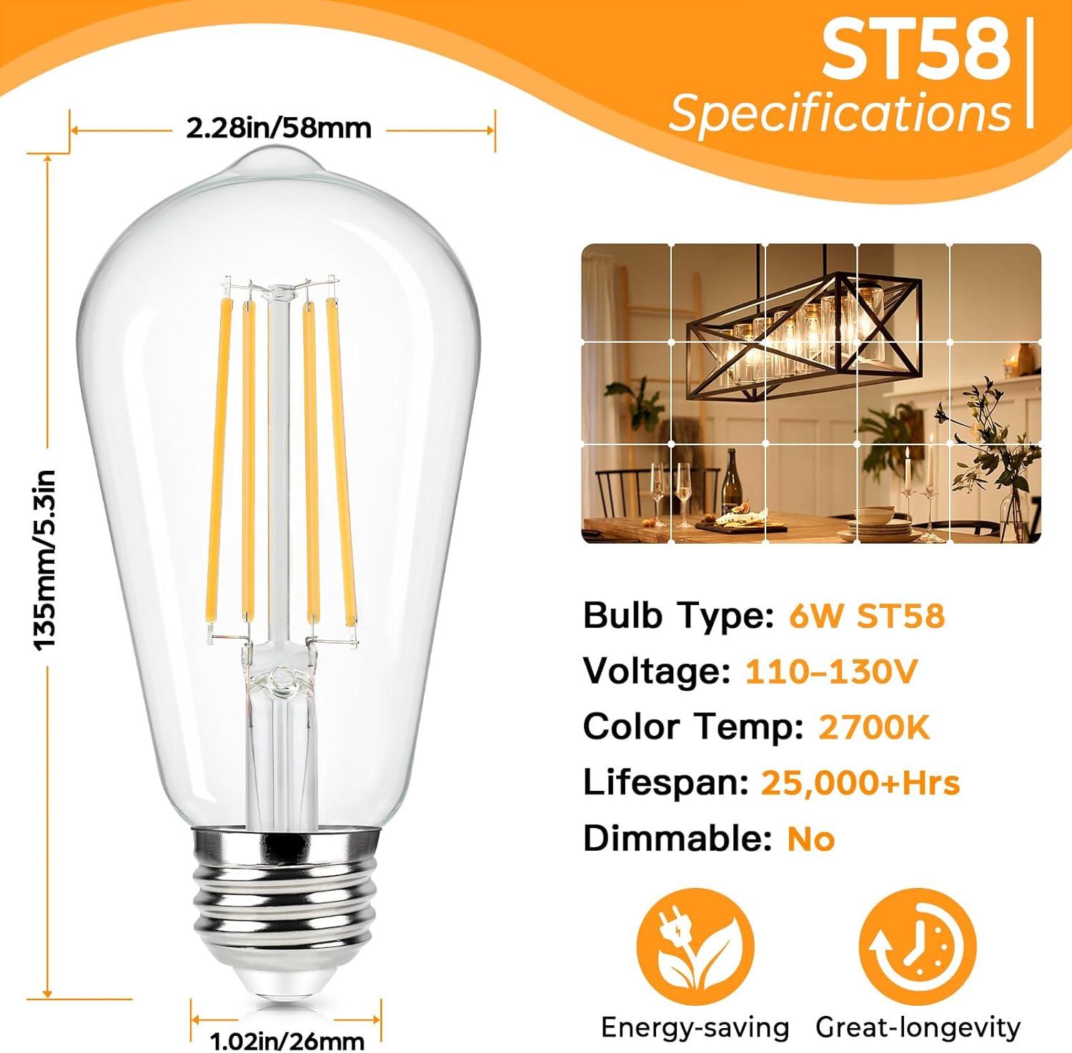 KY Vintage LED Edison Bulbs 6W, Equivalent 60W Incandescent, Warm White 2700K, ST58 Antique LED Filament Bulbs with 90+ CRI, E26 Medium Base,Dimmable, Clear Glass, Pack of 6