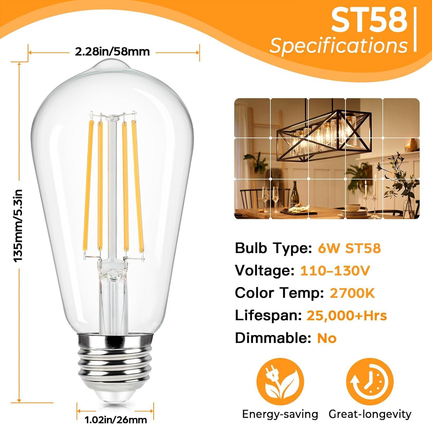 KY Vintage LED Edison Bulbs 6W, Equivalent 60W Incandescent, Warm White 2700K, ST58 Antique LED Filament Bulbs with 90+ CRI, E26 Medium Base,Dimmable, Clear Glass, Pack of 6