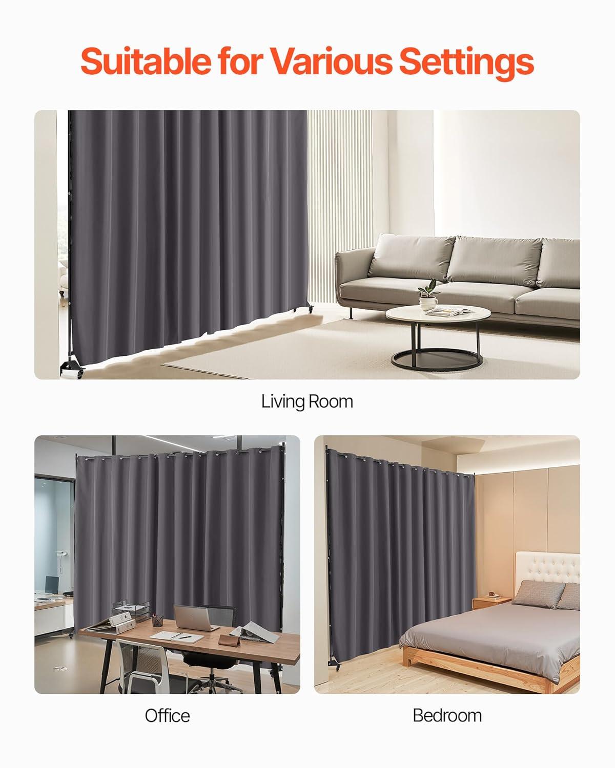 VEVOR Room Divider, Portable Panel Room Divider with Wheels Curtain Divider Stand, Freestanding Partition Divider Privacy Screen for Office, Bedroom, Dining Room, Study, Grey